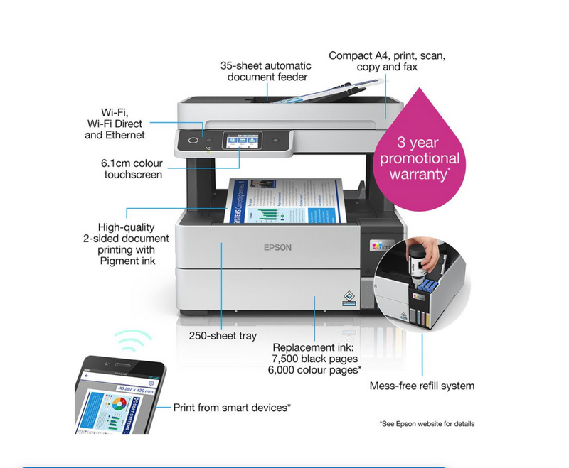 Epson L6490 Ecotank, A4, 4 in 1, Wi-Fi, ADF, Double Sided Printing, Printer