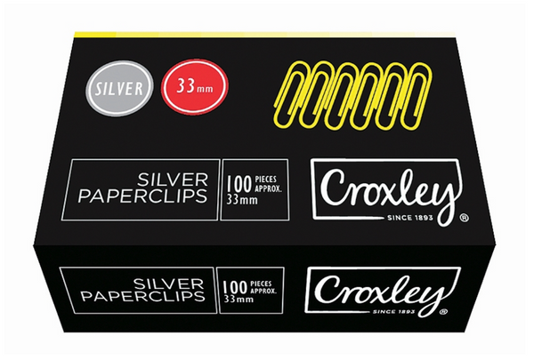 CROXLEY 33mm Silver Paper Clips 100's Pack of 10