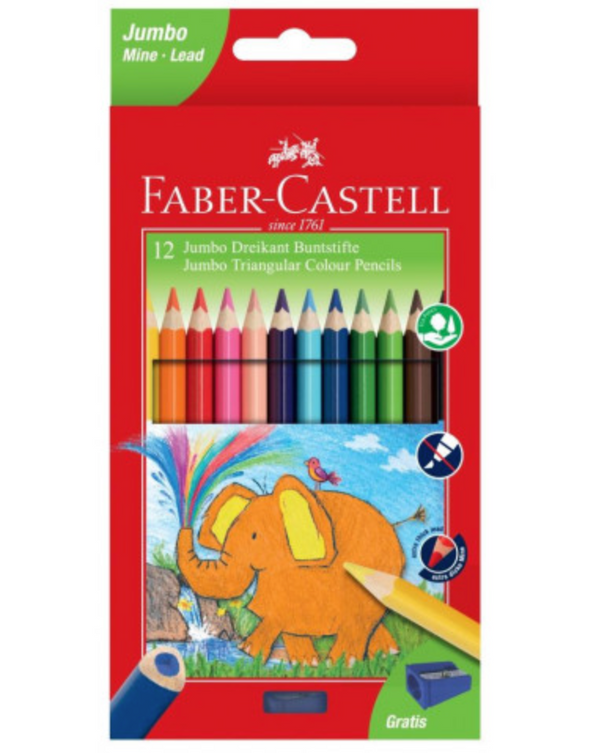 Faber Castell 12 Jumbo Triangular Colour Pencils With Free Sharpener 5.4MM