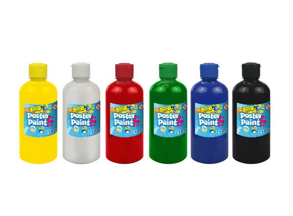 BANTEX POSTER PAINT 250ML: ASSORTED, 6 colours: yellow, red, blue, black, white, green