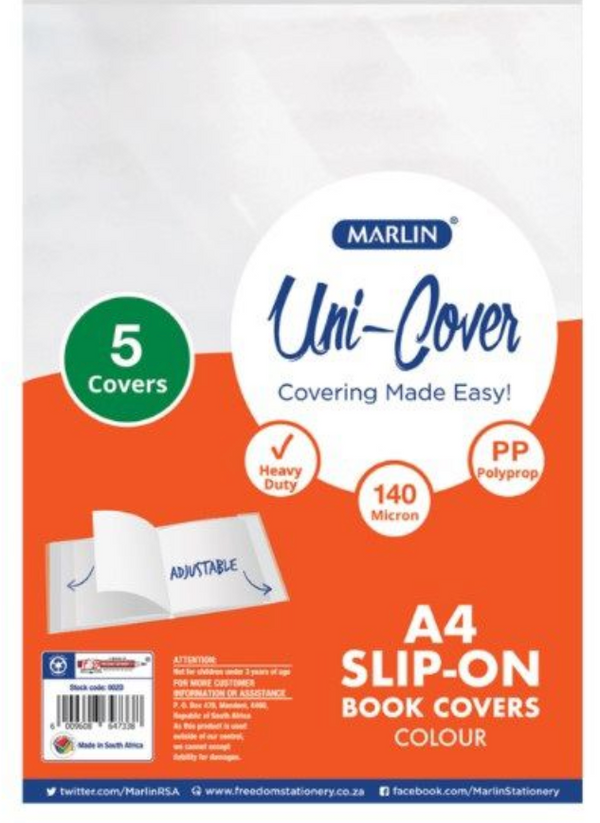 MARLIN COLOUR SLIP ON BOOK COVER A4 110MIC 5PK