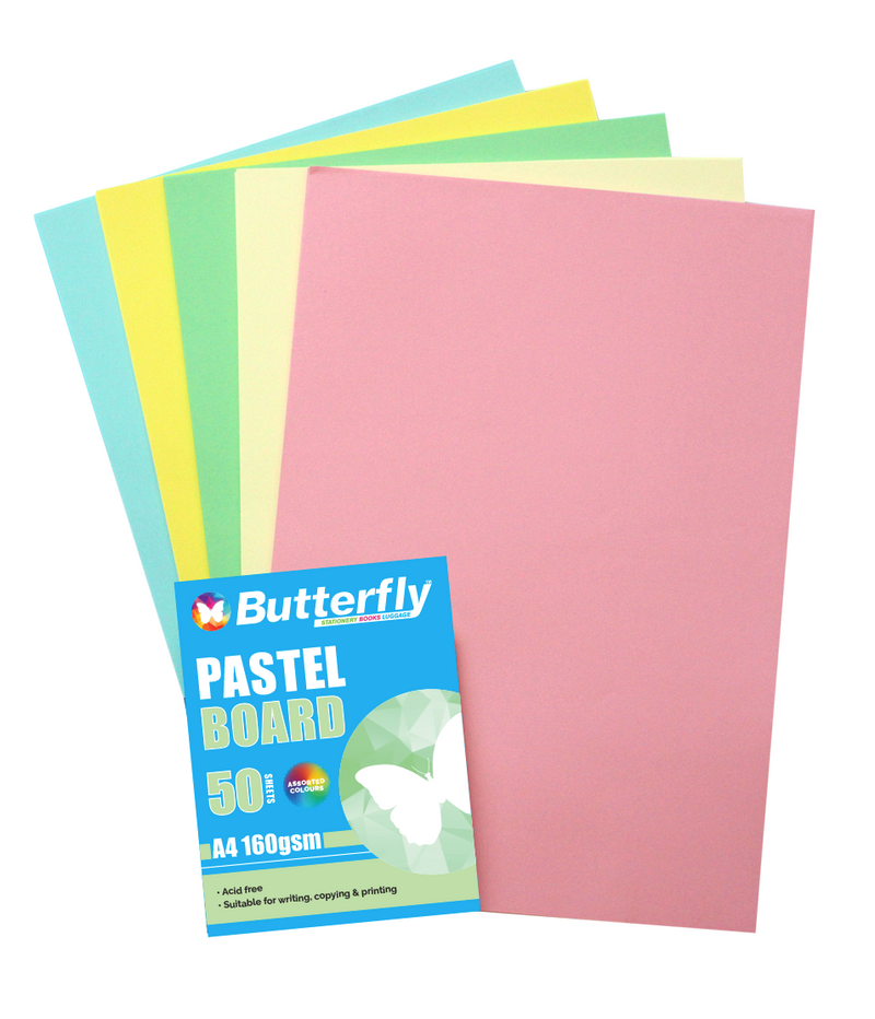 BUTTERFLY ASSORTED BOARD - A4 160gsm PASTEL - PACK OF 50