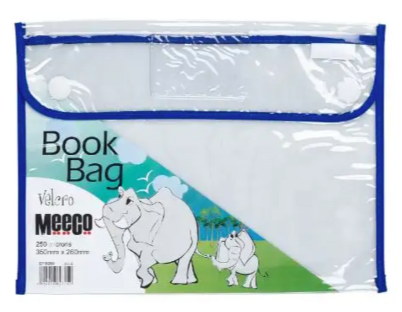 MEECO PVC CLEAR BOOK BAG WITH VELCRO CLOSURE  (355mm X 280mm)