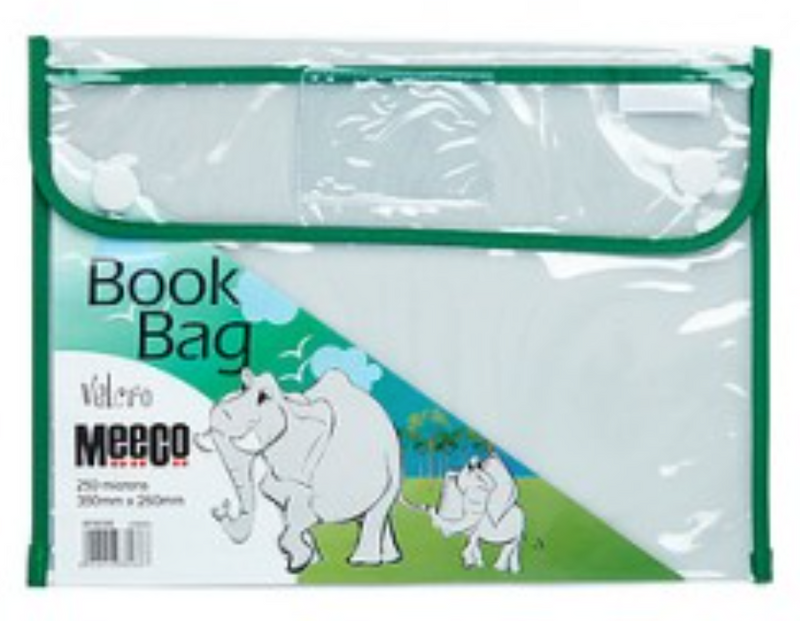 MEECO PVC CLEAR BOOK BAG WITH VELCRO CLOSURE  (355mm X 280mm)