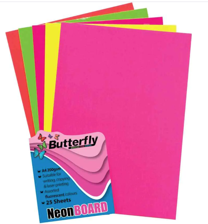 BUTTERFLY ASSORTED BOARD - A4 160 GSM NEON - PACK OF 25