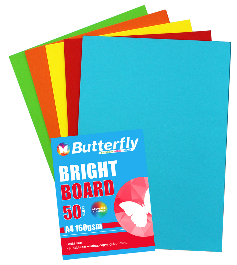 BUTTERFLY ASSORTED BOARD - A4 160gsm BRIGHT - PACK OF 50