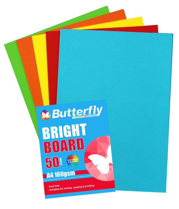 BUTTERFLY ASSORTED BOARD - A4 160gsm BRIGHT - PACK OF 50