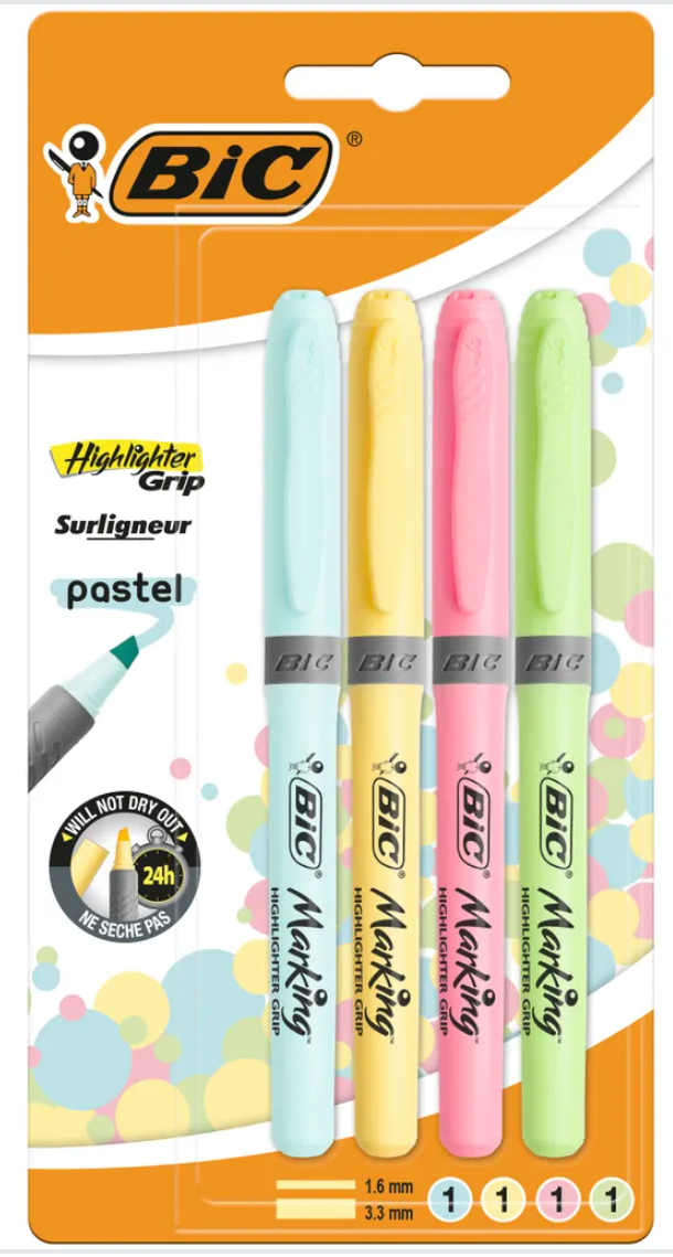 BIC PASTEL HIGHLIGHTER 4'S BLISTER PACK