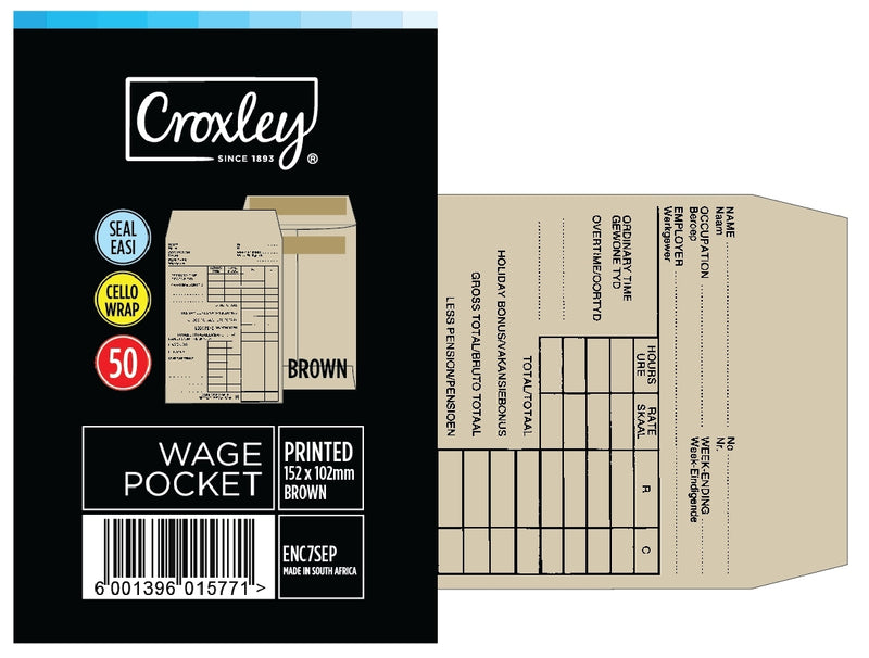 CROXLEY JD7SEPC Wage Pocket Printed No.7 152×110 Cello