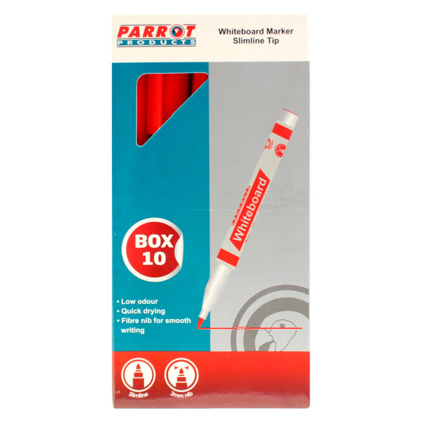 Parrot Whiteboard Marker Slimline - Red (Box of 10)